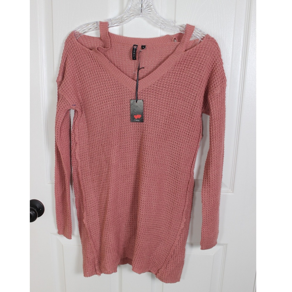 POOF! Women's Small V Neck Long Sleeve Open Knit Sweater Dress Rose